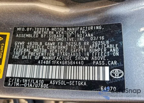 2016 Toyota Camry Le из США, поврежденный, VIN 4T4BF1FK4GR564440